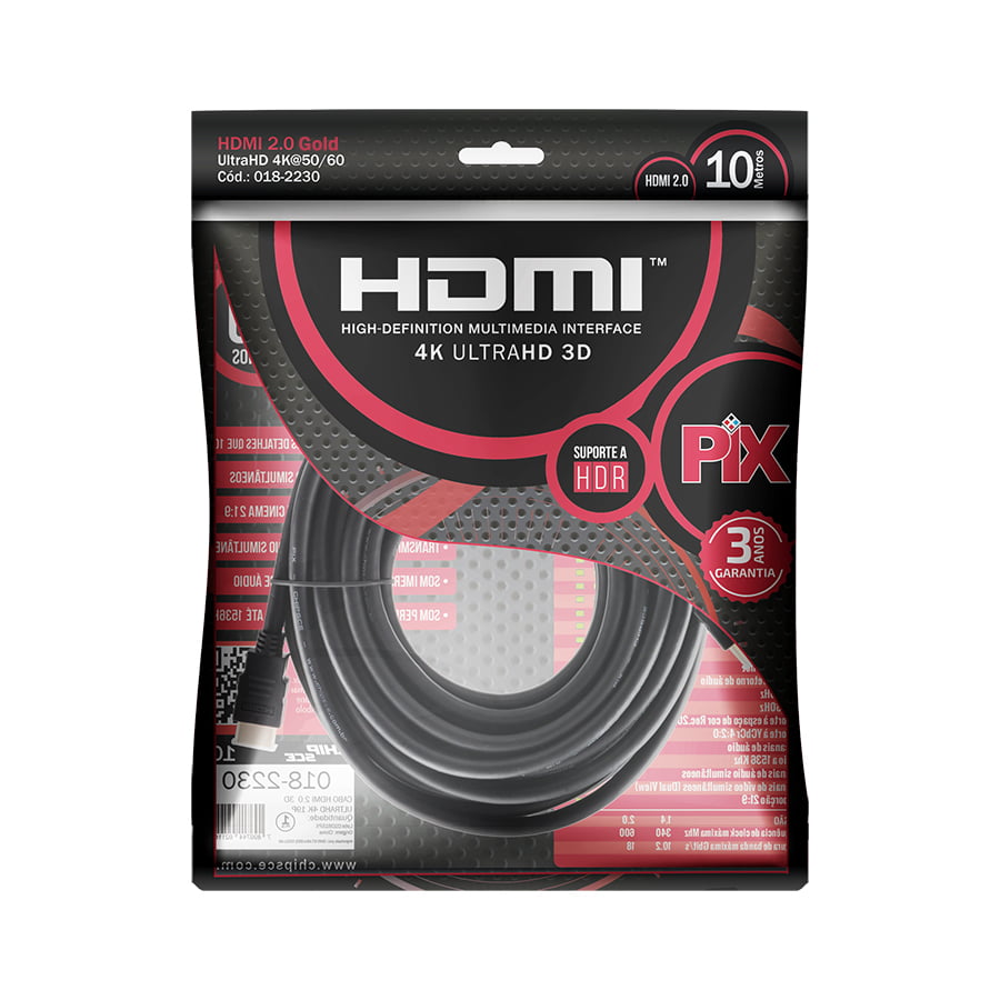 Cabo HDMI 2.0 10 Metros Ultra HD 4K 19 Pinos @60Hz PIX