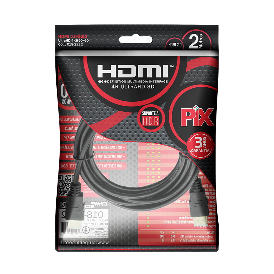 Cabo HDMI 2.0 2 Metros Ultra HD 4K 19 Pinos @60Hz PIX