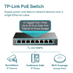 Switch PoE+ 8 Portas Gigabit TP-Link TL-SG108PE V5